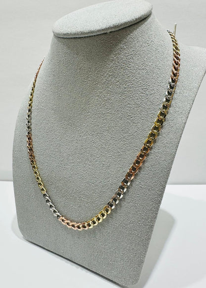 10K SOLID GOLD THREE TONE CUBAN LINK CHAIN- WEIGHT:  7.8gm   22"  4.05mm