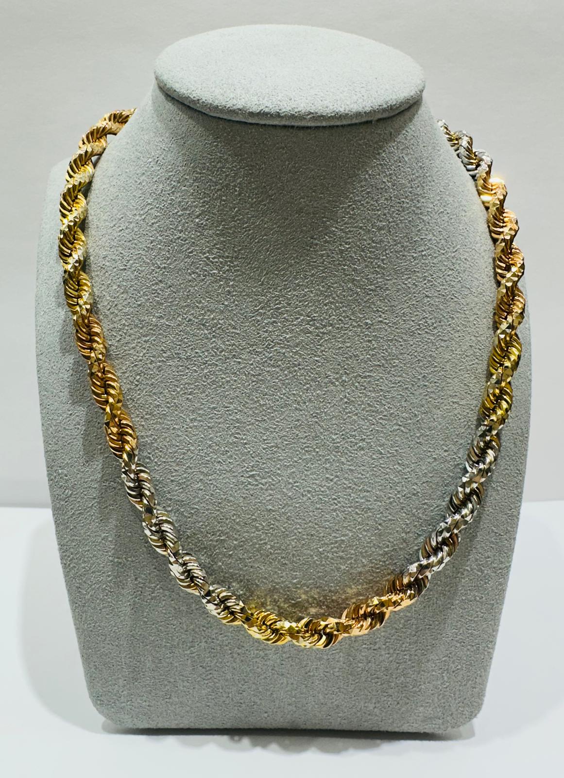 10K GOLD SOLID THREE TONE ROPE CHAIN - WEIGHT:  82.8gm   24"  5.75mm