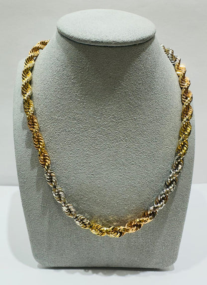 10K GOLD SOLID THREE TONE ROPE CHAIN - WEIGHT:  82.8gm   24"  5.75mm