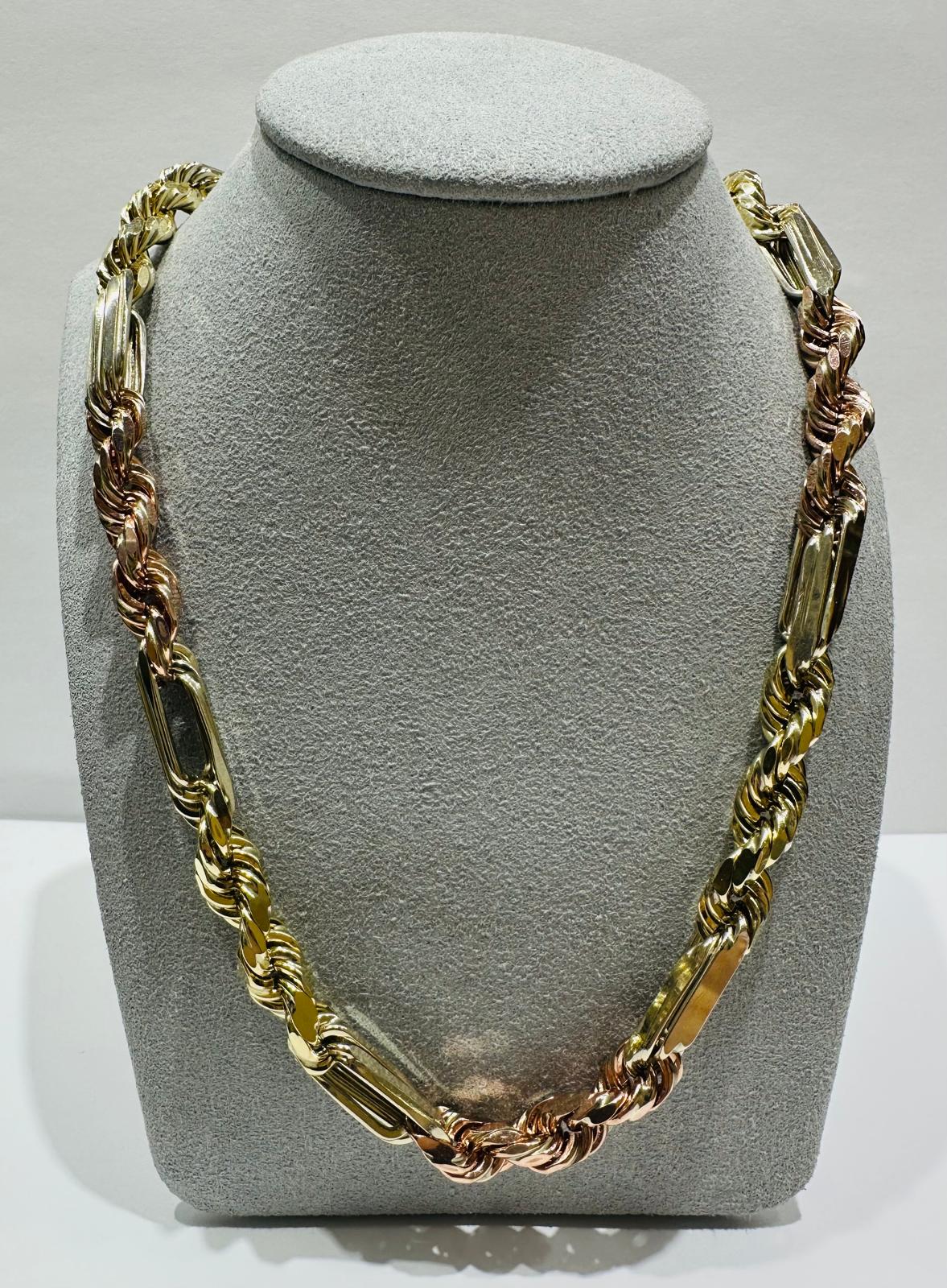 10K SOLID GOLD THREE TONE MILANO ROPE CHAIN- WEIGHT:  64.2gm   28"  7.70mm