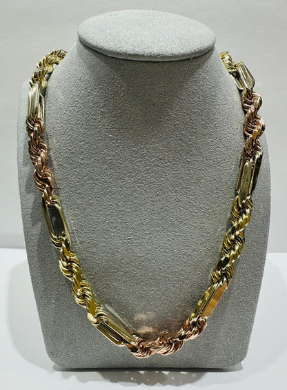 10K SOLID GOLD THREE TONE MILANO ROPE CHAIN- WEIGHT:  64.2gm   28"  7.70mm