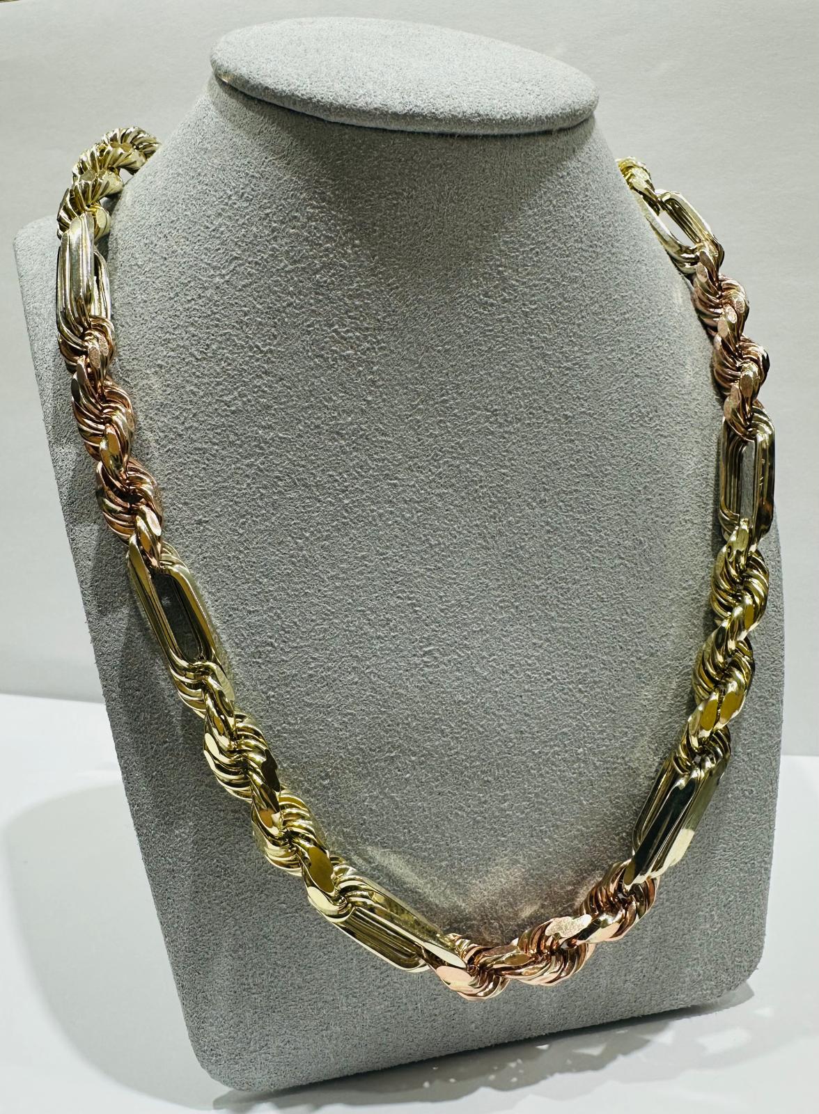 10K SOLID GOLD THREE TONE MILANO ROPE CHAIN- WEIGHT:  64.2gm   28"  7.70mm
