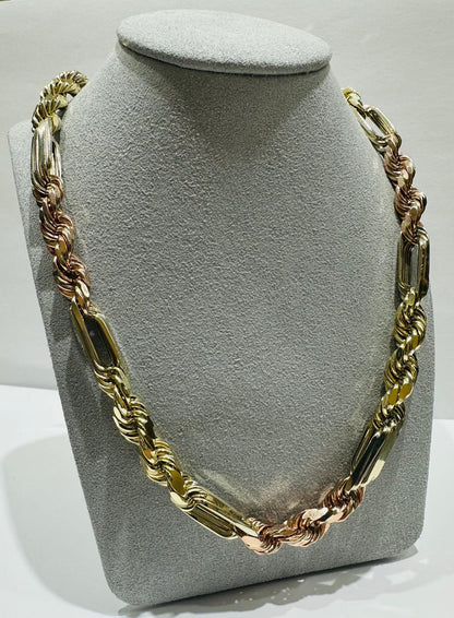 10K SOLID GOLD THREE TONE MILANO ROPE CHAIN- WEIGHT:  64.2gm   28"  7.70mm