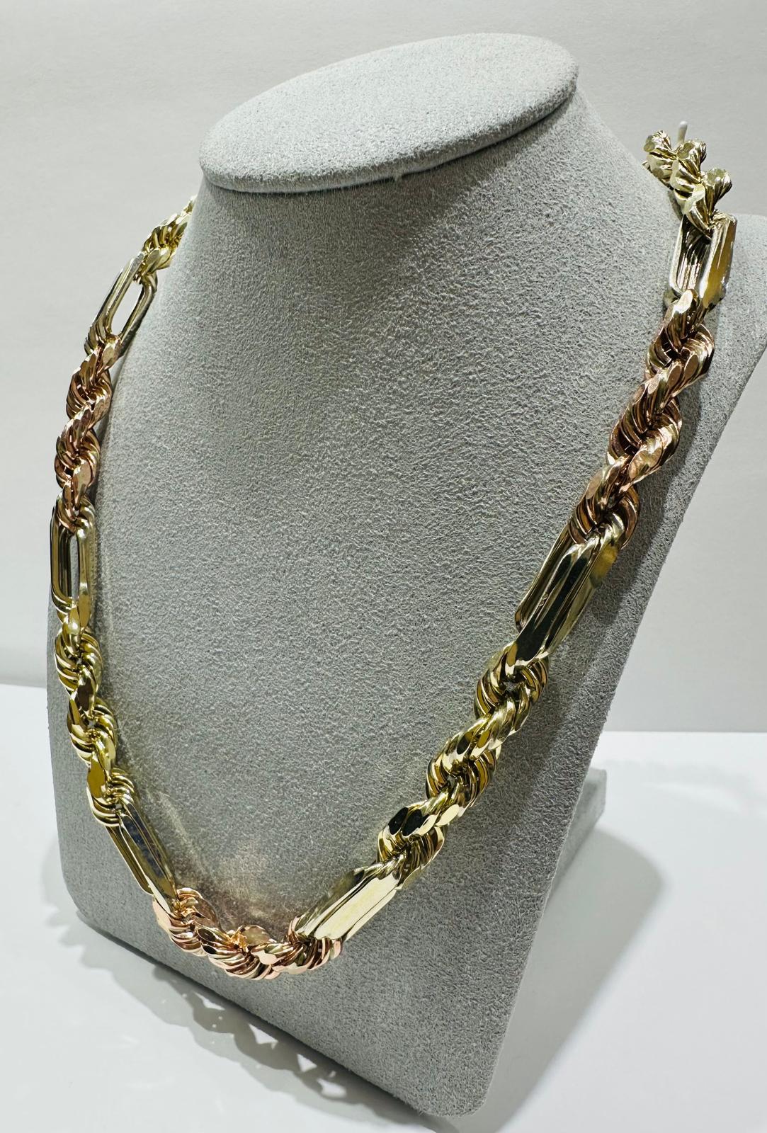 10K SOLID GOLD THREE TONE MILANO ROPE CHAIN- WEIGHT:  64.2gm   28"  7.70mm