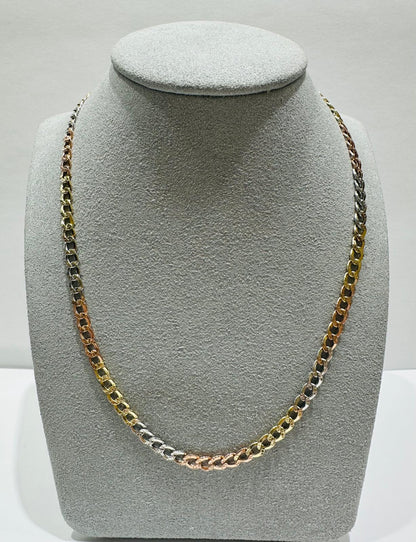 10K SOLID GOLD THREE TONE CUBAN LINK CHAIN- WEIGHT:  7.8gm   22"  4.05mm