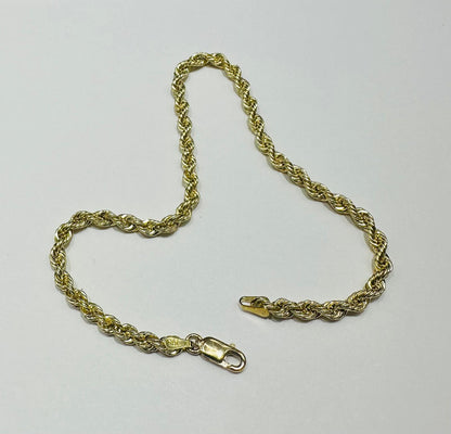 10K GOLD ROPE BRACELET- WEIGHT:  2.9gm   9"   3.25mm