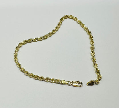 10K GOLD ROPE BRACELET- WEIGHT:  2.9gm   9"   3.25mm