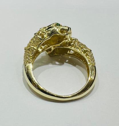 10K GOLD GREEN EYE PANTHER RING WITH CZ STONES- WEIGHT: 5.3gm