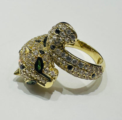 10K GOLD GREEN EYE PANTHER RING WITH CZ STONES- WEIGHT:  5.8gm