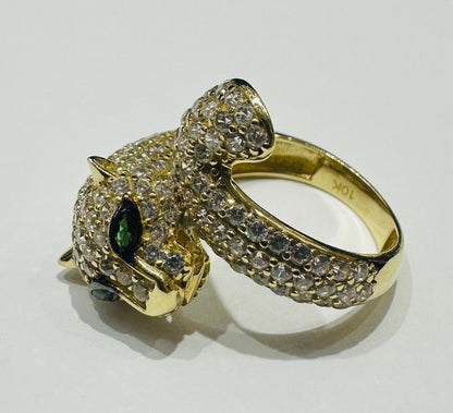 10K GOLD GREEN EYE PANTHER RING WITH CZ STONES- WEIGHT:  5.8gm