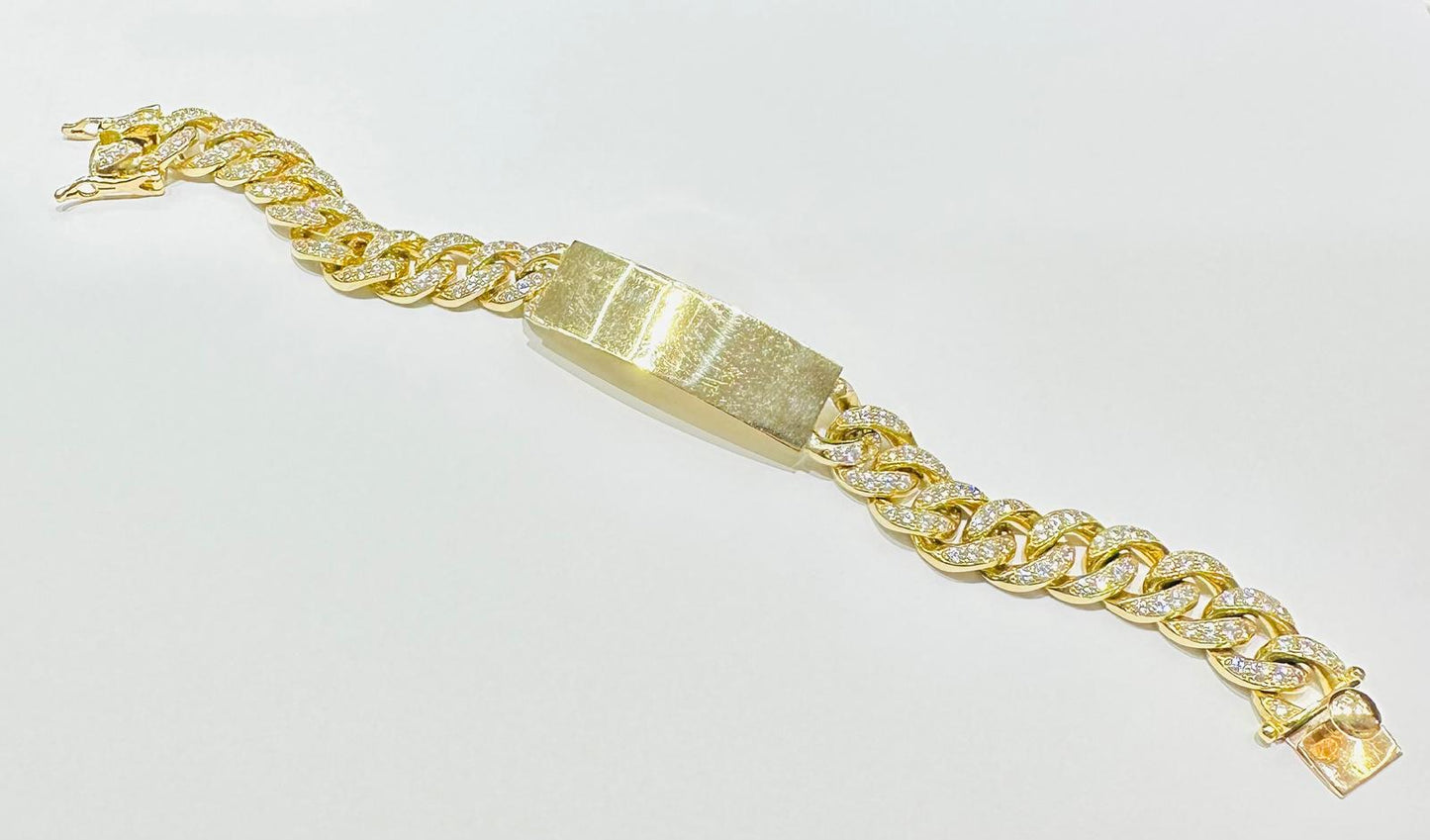 10K GOLD CUBAN LINK BRACELET WITH CZ STONES- WEIGHT:  64.3gm   9"   12.70mm