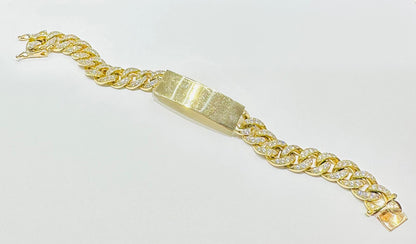 10K GOLD CUBAN LINK BRACELET WITH CZ STONES- WEIGHT:  64.3gm   9"   12.70mm