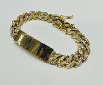 10K GOLD CUBAN LINK BRACELET WITH CZ STONES- WEIGHT:  64.3gm   9"   12.70mm