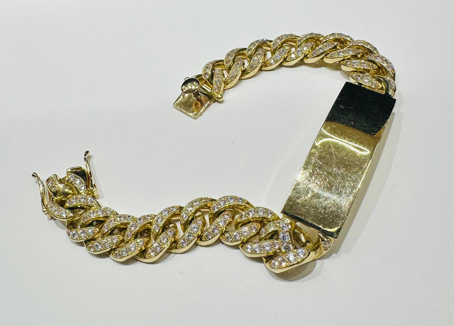 10K GOLD CUBAN LINK BRACELET WITH CZ STONES- WEIGHT:  64.3gm   9"   12.70mm
