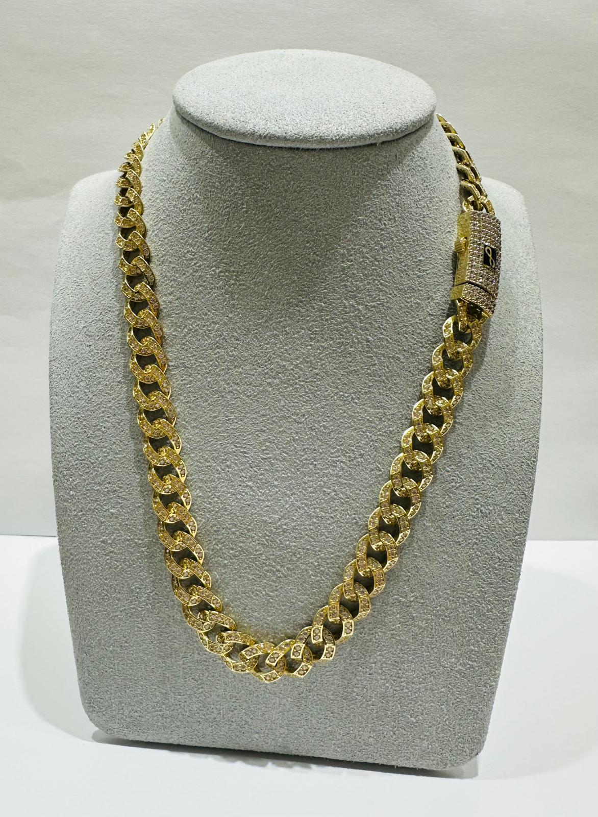 10K GOLD CUBAN LINK CHAIN WITH CZ STONES- WEIGHT:  31.4gm   16"   8.45mm