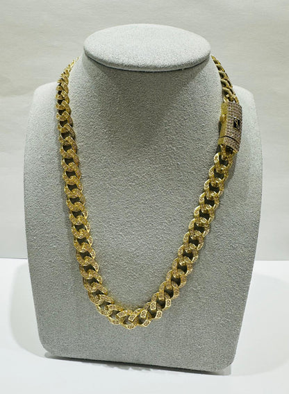 10K GOLD CUBAN LINK CHAIN WITH CZ STONES- WEIGHT:  31.4gm   16"   8.45mm