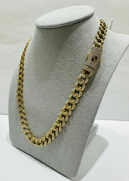 10K GOLD CUBAN LINK CHAIN WITH CZ STONES- WEIGHT:  31.4gm   16"   8.45mm