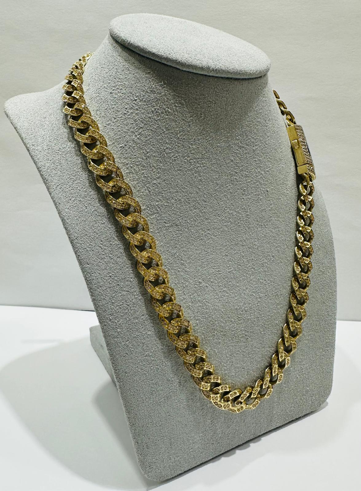 10K GOLD CUBAN LINK CHAIN WITH CZ STONES- WEIGHT:  31.4gm   16"   8.45mm