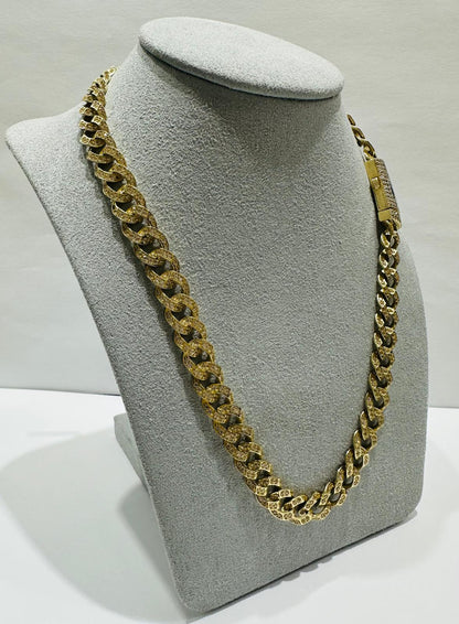 10K GOLD CUBAN LINK CHAIN WITH CZ STONES- WEIGHT:  31.4gm   16"   8.45mm