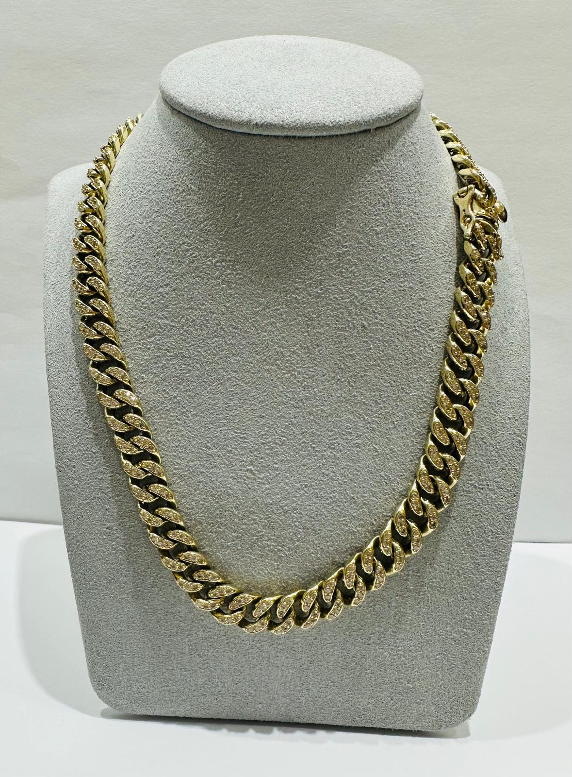 10K GOLD CUBAN LINK CHAIN WITH CZ STONES- WEIGHT:  75.9gm   20"   8.50mm