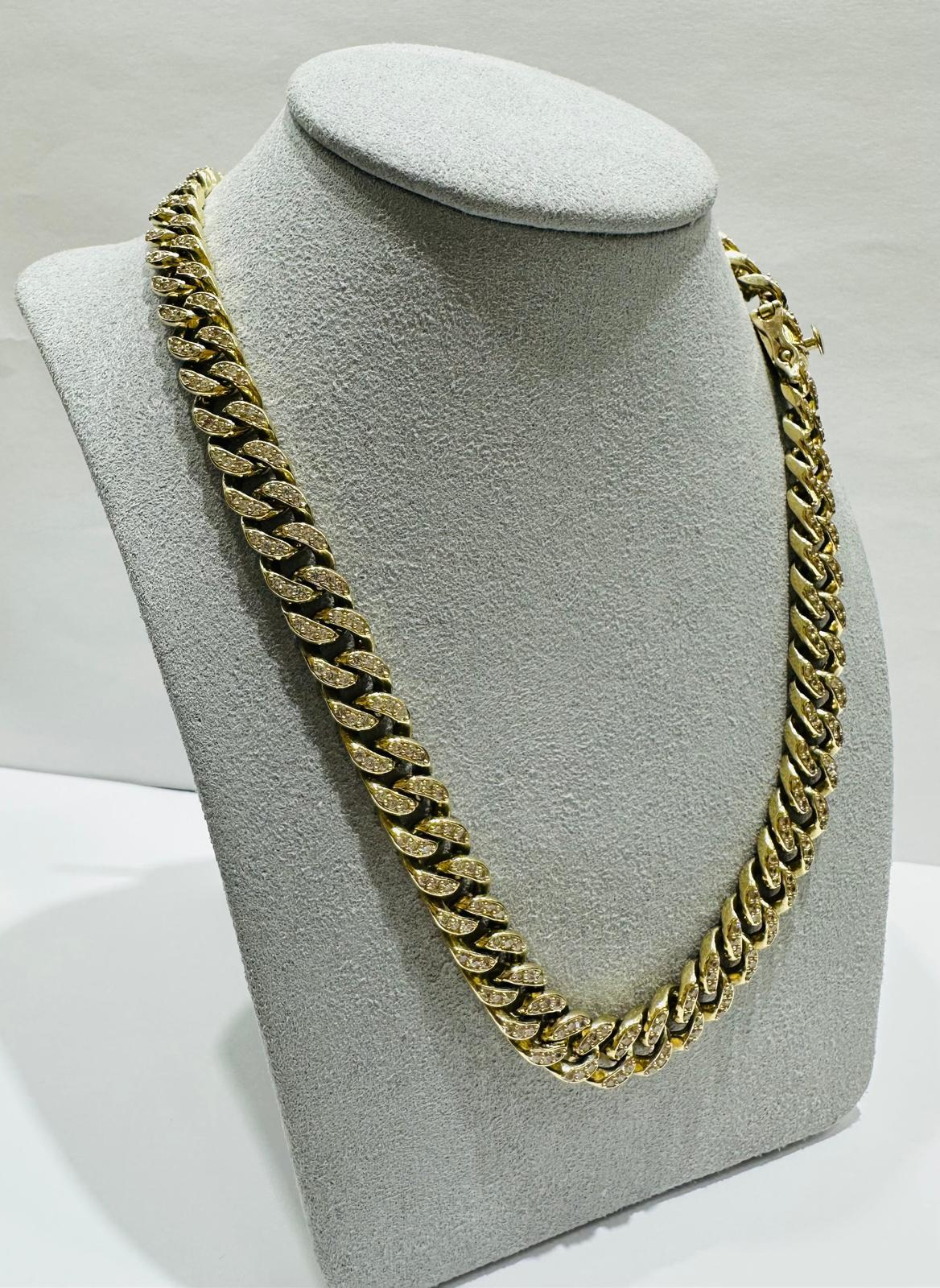 10K GOLD CUBAN LINK CHAIN WITH CZ STONES- WEIGHT:  75.9gm   20"   8.50mm