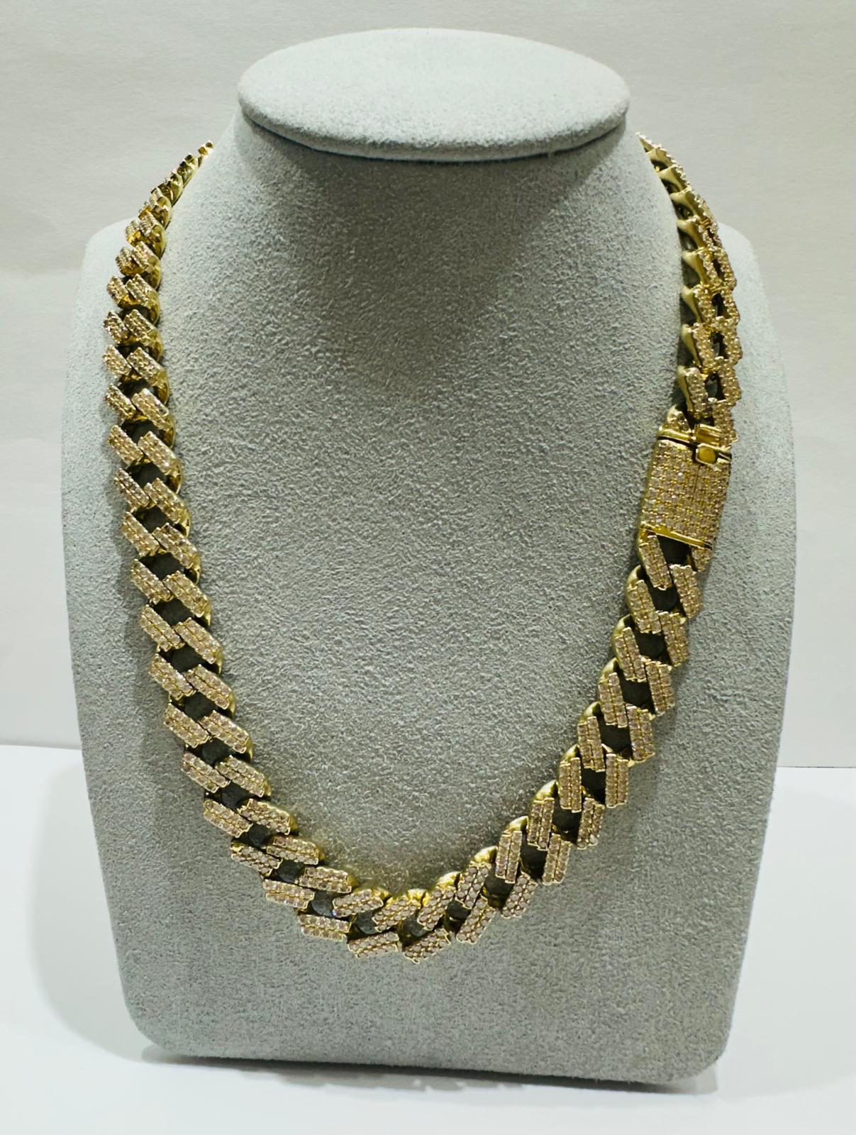 10K GOLD CUBAN LINK CHAIN WITH CZ STONES- WEIGHT:  98.2gm   20"   10.80mm
