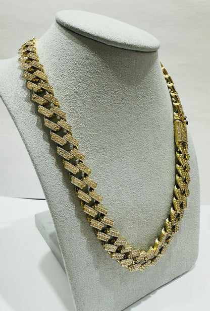 10K GOLD CUBAN LINK CHAIN WITH CZ STONES- WEIGHT:  98.2gm   20"   10.80mm