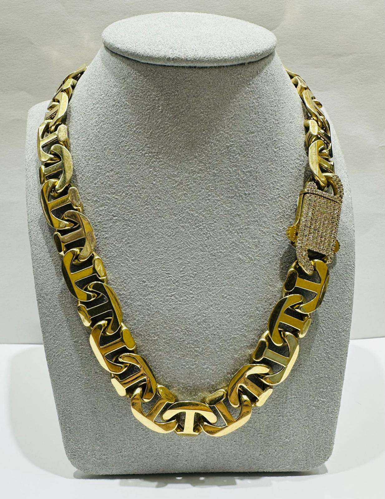 10K GOLD TIGER EYE LINK CHAIN- WEIGHT:  41.8gm    19"    13.30mm