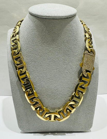 10K GOLD TIGER EYE LINK CHAIN- WEIGHT:  41.8gm    19"    13.30mm