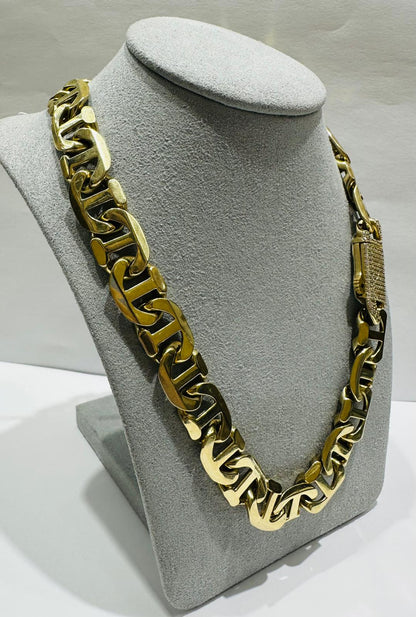 10K GOLD TIGER EYE LINK CHAIN- WEIGHT:  41.8gm    19"    13.30mm
