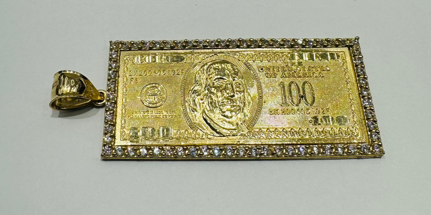 10K GOLD HUNDRED DOLLAR BILL PENDANT WITH CZ STONES- WEIGHT: 12.8gm