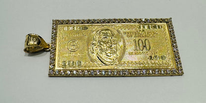 10K GOLD HUNDRED DOLLAR BILL PENDANT WITH CZ STONES- WEIGHT: 12.8gm