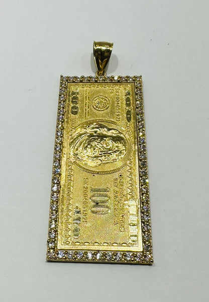 10K GOLD HUNDRED DOLLAR BILL PENDANT WITH CZ STONES- WEIGHT: 12.8gm