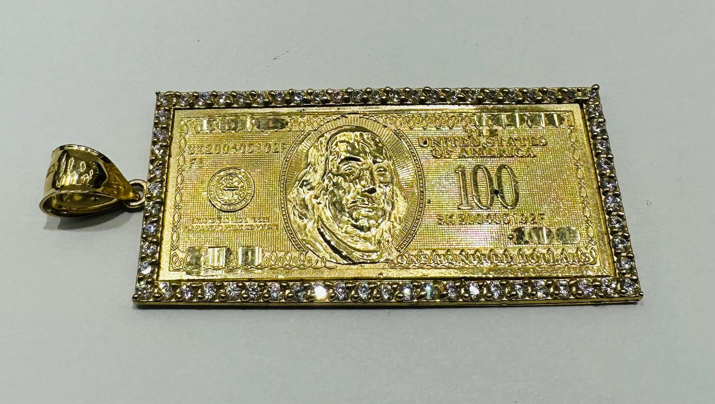10K GOLD HUNDRED DOLLAR BILL PENDANT WITH CZ STONES- WEIGHT: 12.8gm