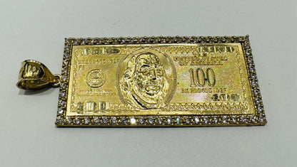 10K GOLD HUNDRED DOLLAR BILL PENDANT WITH CZ STONES- WEIGHT: 12.8gm