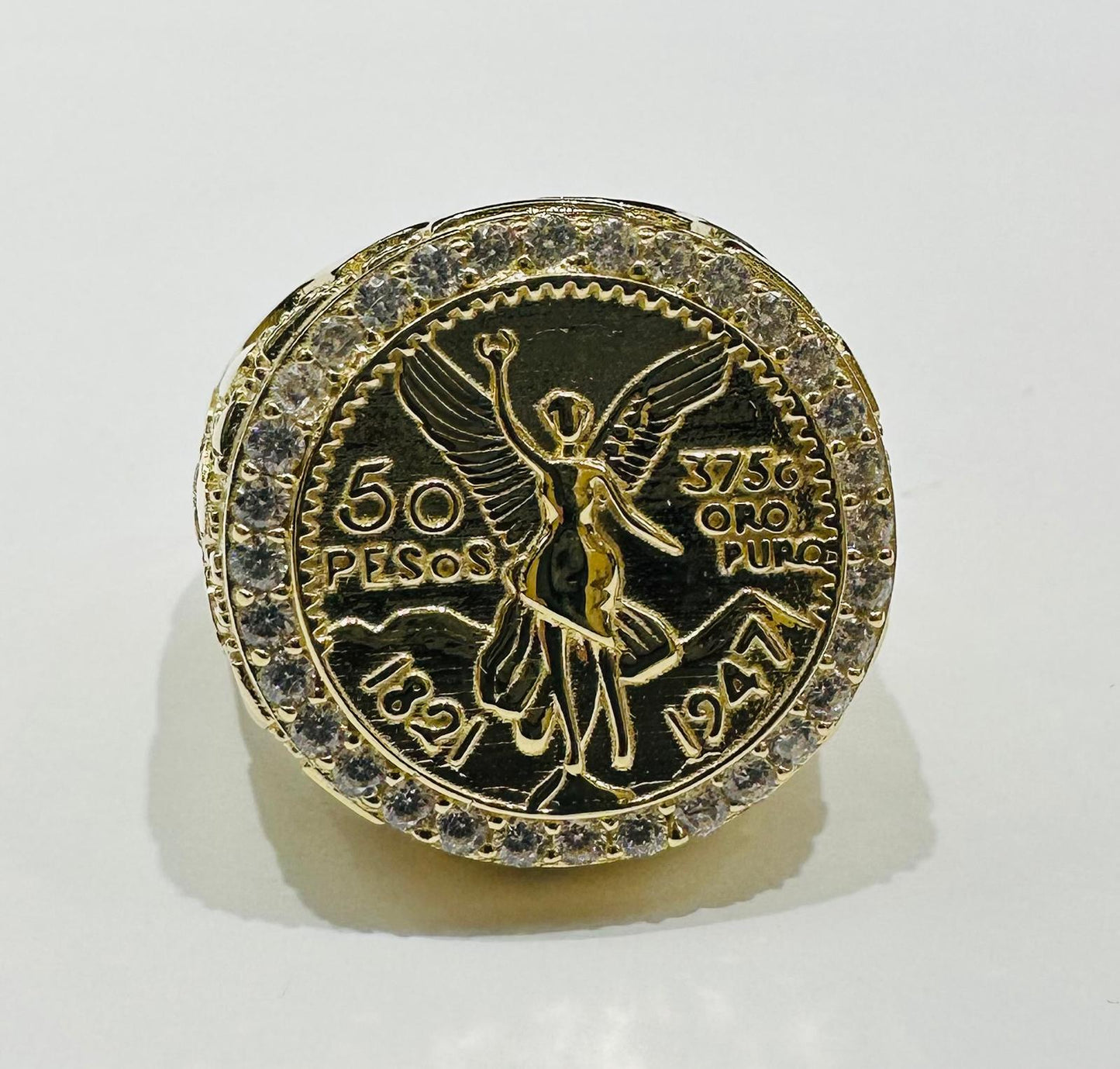 14K GOLD 50 PESOS CENTENARIO RING WITH CZ STONES- WEIGHT: 12.5gm