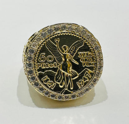 14K GOLD 50 PESOS CENTENARIO RING WITH CZ STONES- WEIGHT: 12.5gm