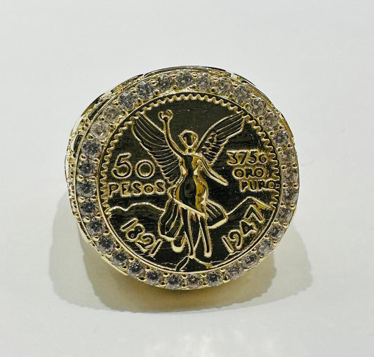 14K GOLD 50 PESOS CENTENARIO RING WITH CZ STONES- WEIGHT: 12.5gm