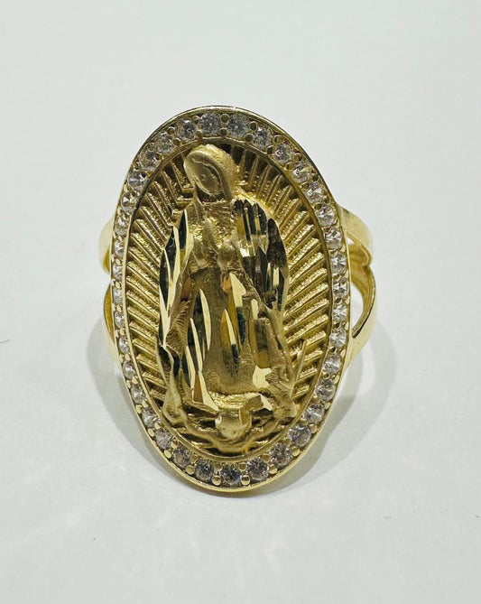 14K GOLD VIRGIN MARY RING WITH CZ STONES- WEIGHT: 4.9gm