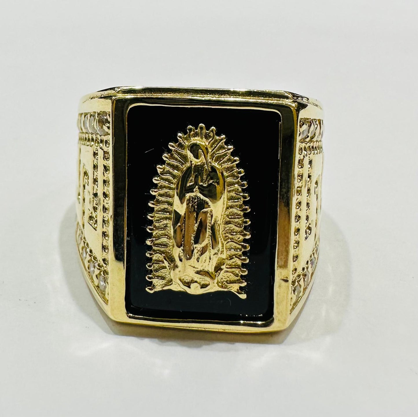 14K GOLD VIRGIN MARY RING WITH CZ STONES- WEIGHT: 10.3gm