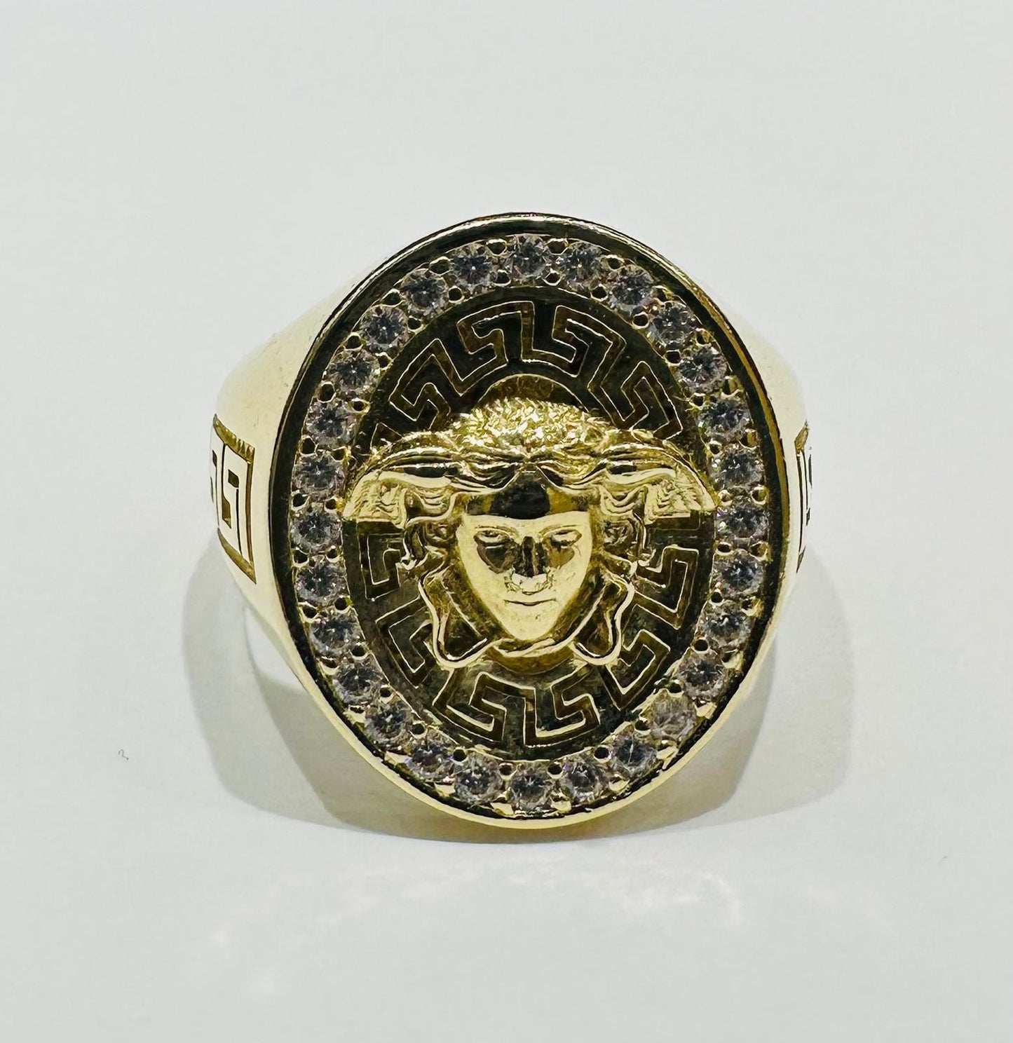 10K GOLD MEDUSA HEAD RING WITH WHITE SAPPHIRE- WEIGHT: 7.5gm