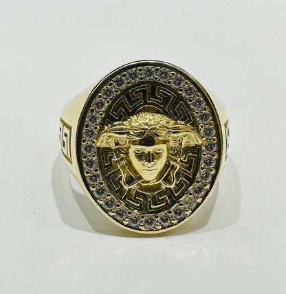 10K GOLD MEDUSA HEAD RING WITH WHITE SAPPHIRE- WEIGHT: 7.5gm