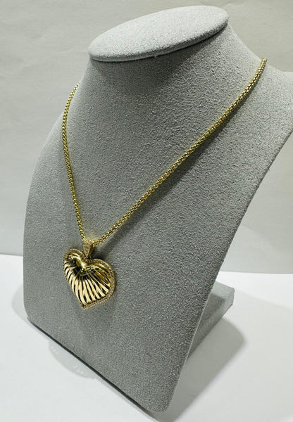 14K GOLD HEART CHAIN NECKLACE WITH WHITE SAPPHIRE- 8.4gm   16"