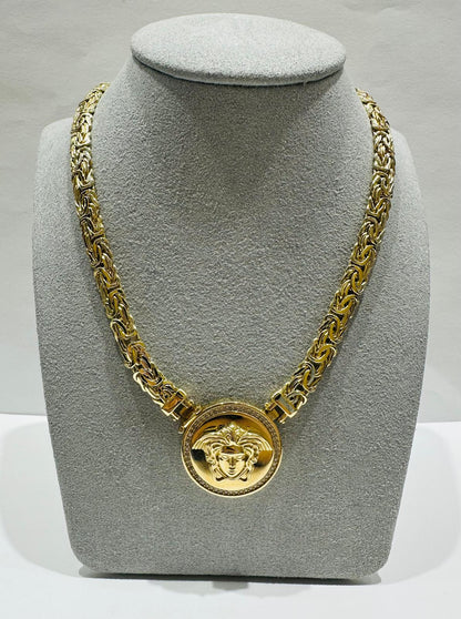 14K GOLD MEDUSA HEAD BYZANTINE LINK CHAIN NECKLACE- 26.4gm