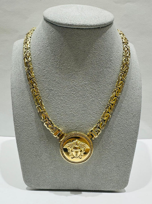 14K GOLD MEDUSA HEAD BYZANTINE LINK CHAIN NECKLACE- 26.4gm