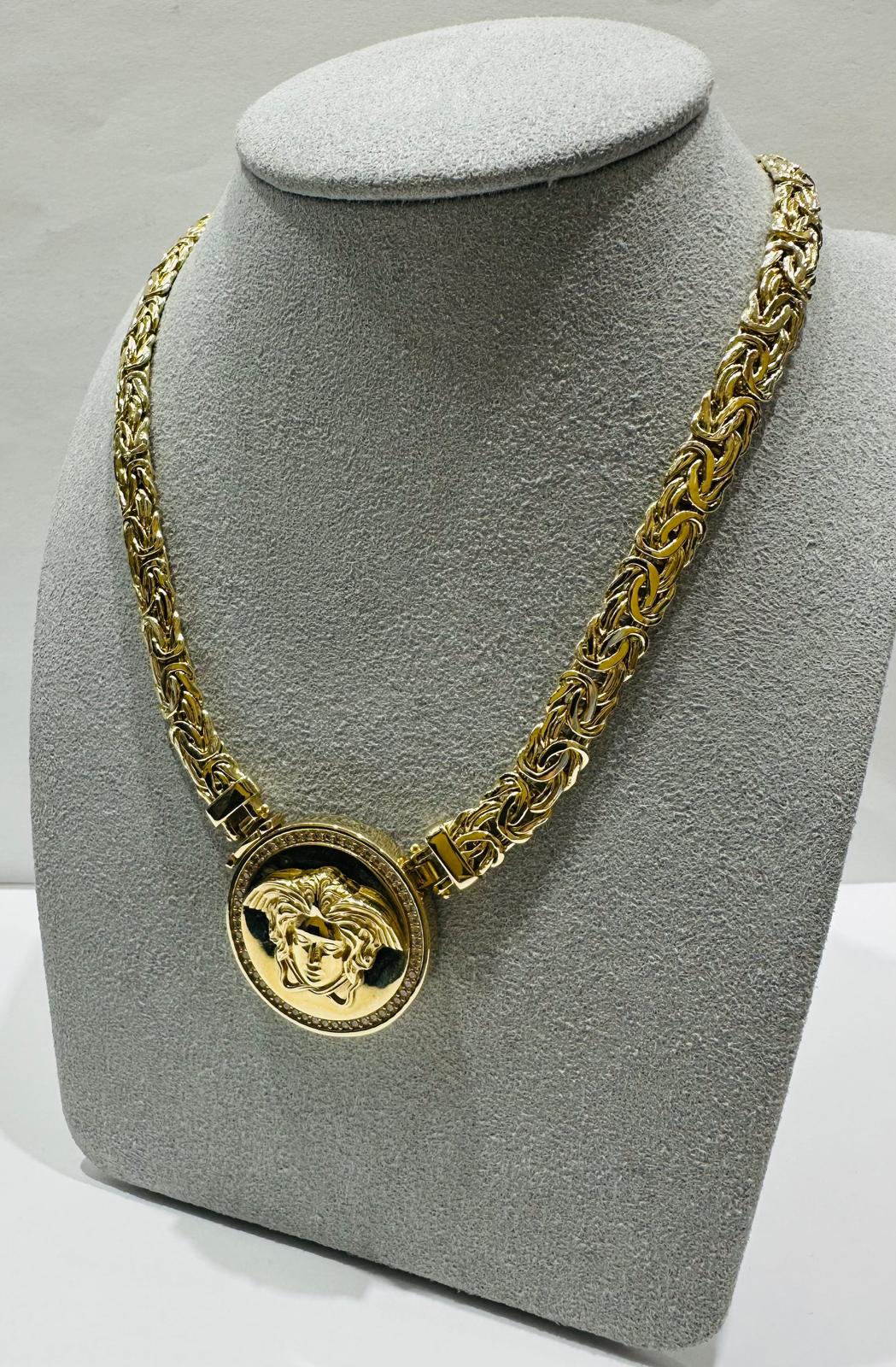 14K GOLD MEDUSA HEAD BYZANTINE LINK CHAIN NECKLACE- 26.4gm