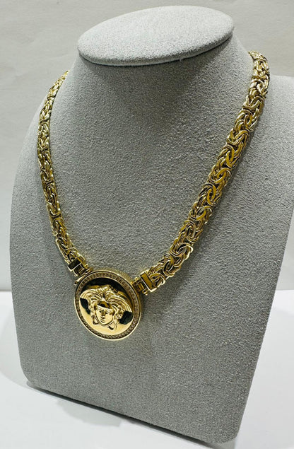 14K GOLD MEDUSA HEAD BYZANTINE LINK CHAIN NECKLACE- 26.4gm