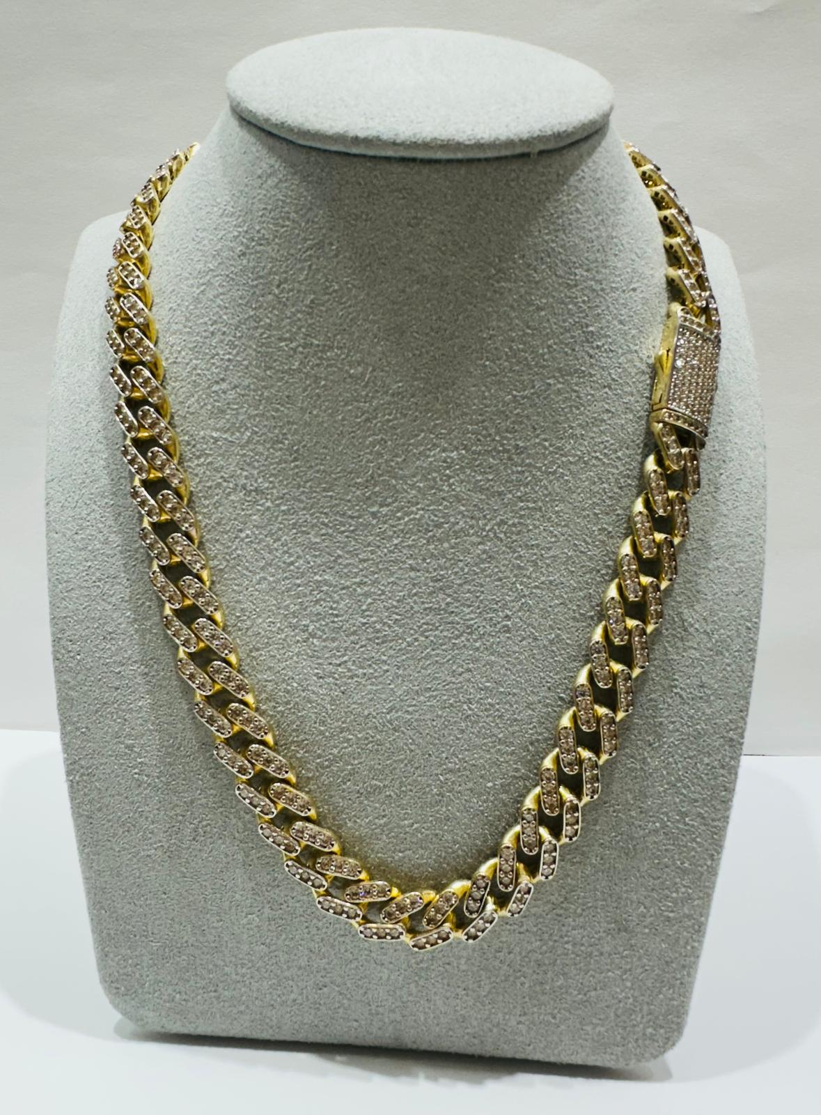 14K GOLD CUBAN LINK CHAIN NECKLACE WITH WHITE SAPPHIRE- 44.8gm     18"