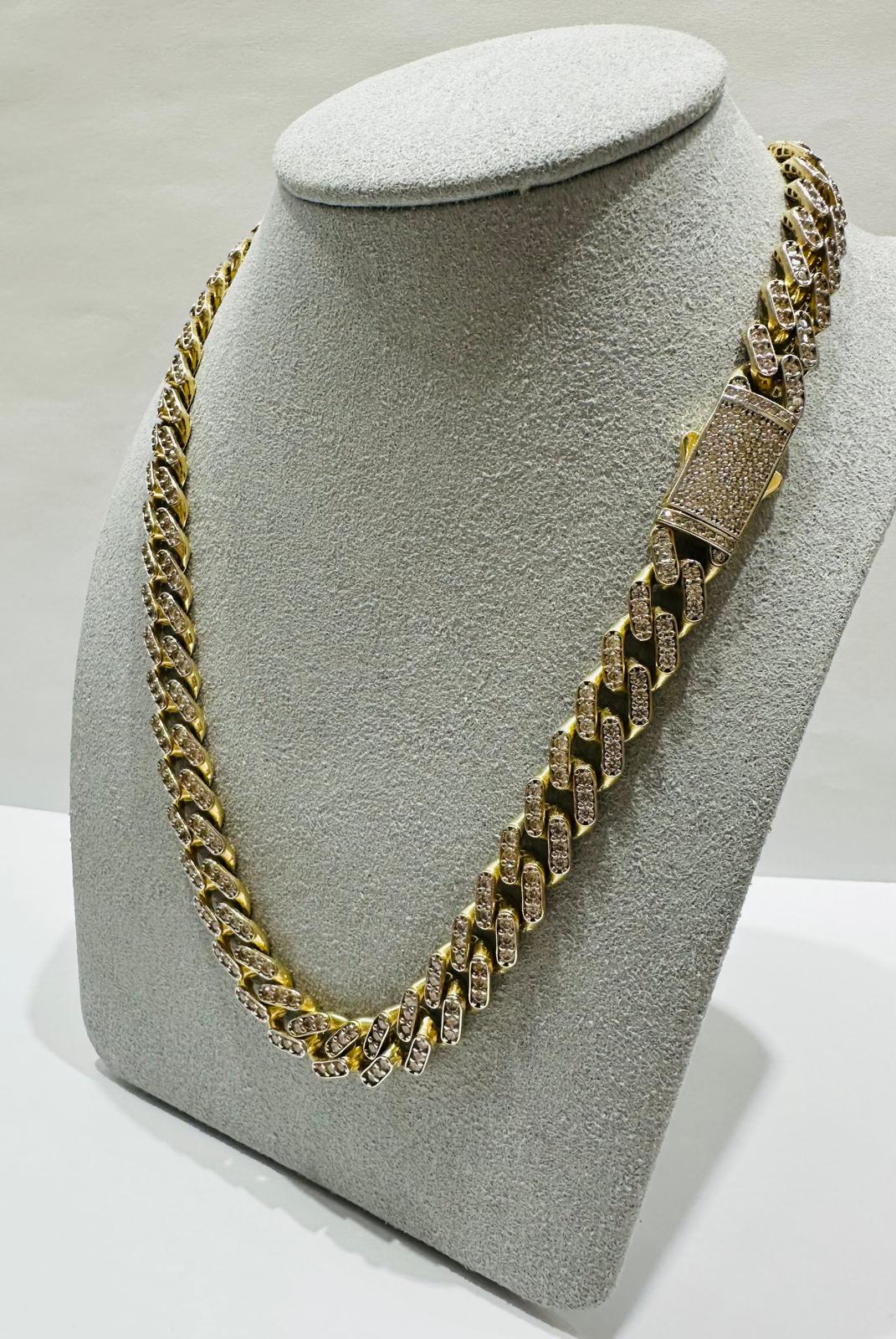 14K GOLD CUBAN LINK CHAIN NECKLACE WITH WHITE SAPPHIRE- 44.8gm     18"