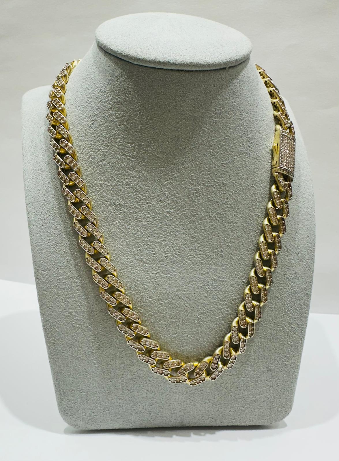 14K GOLD CUBAN LINK CHAIN NECKLACE WITH WHITE SAPPHIRE- 44.8gm     18"